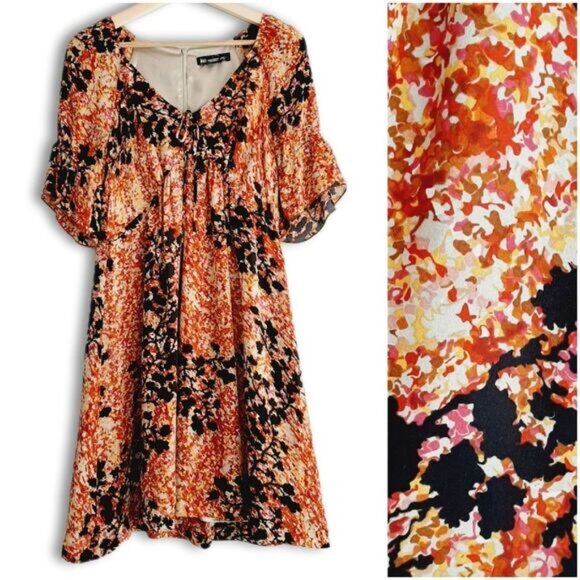 KENZIE Pretty / 100% Silk Flowy V-Neck Midi Knee Length Dress Abstract Floral M - Picture 1 of 15